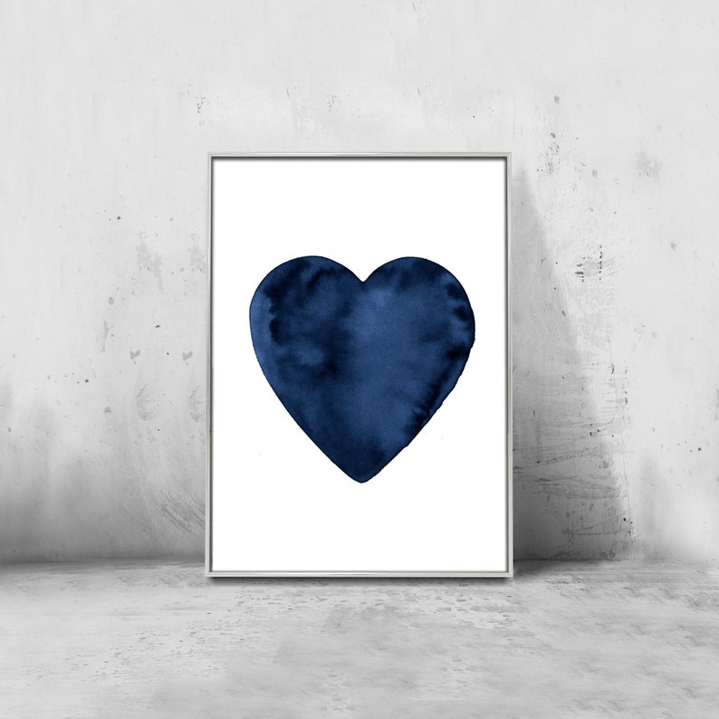 Navy Blue Heart Print, Love Printable Wall Art, Watercolor Hearts