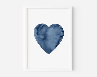 Navy Blue Heart Print, Mothers Day Gift, Love Printable Wall Art, Love Print, Simple Heart Sign, Watercolor Hearts, Valentines Day Decor