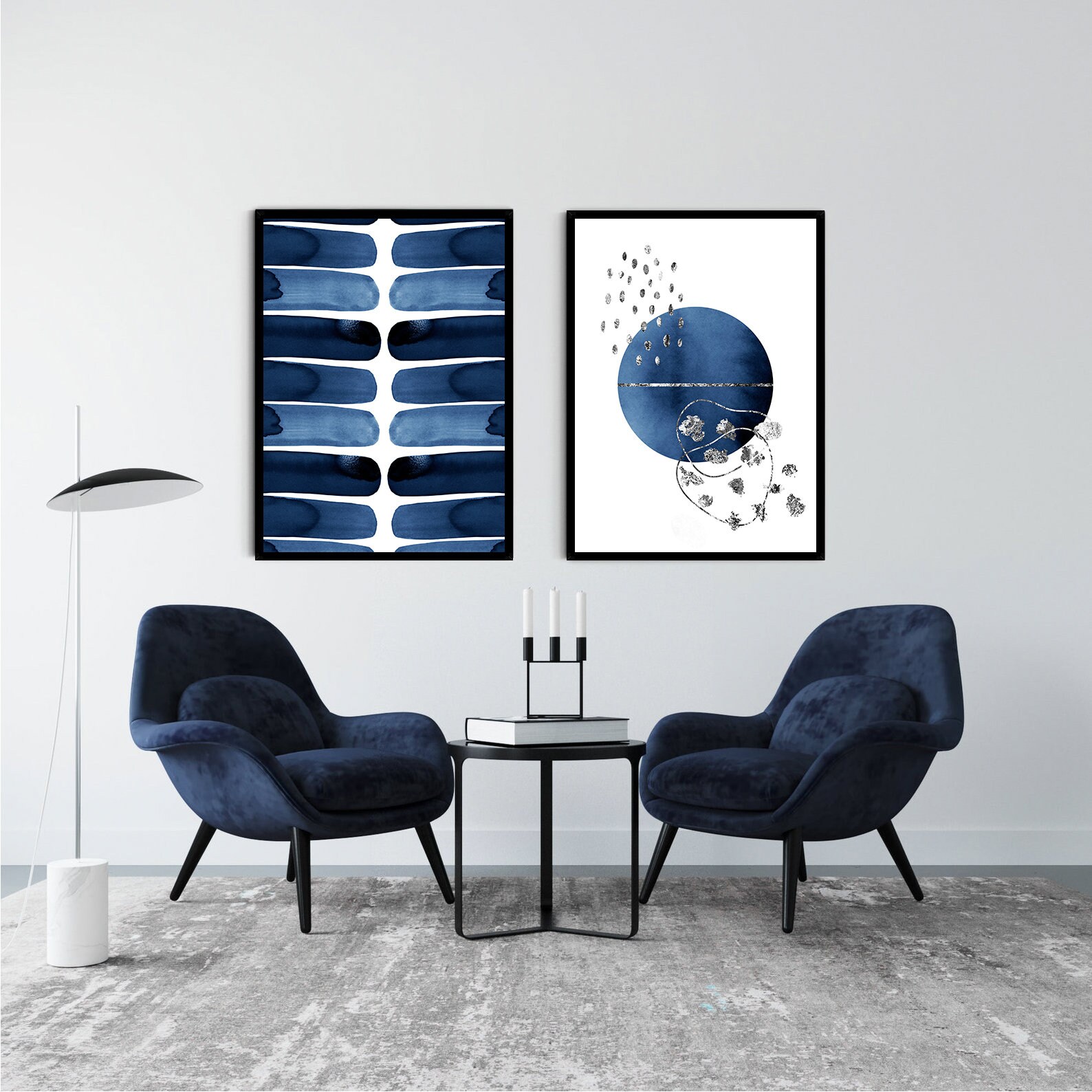 Navy Blue Silver Wall Art Abstract Geometric Circle Print Etsy