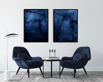 Blue Abstract Wall Art, Set Of 2 Prints, Printable Wall Art, Watercolor Painting, Living Room Wall Decor, Large Blue Poster,Instant Download