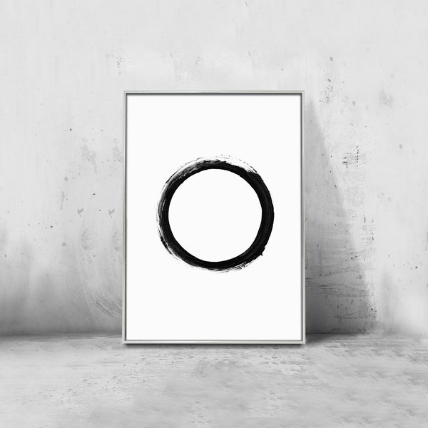 Circle Print, Brush Strokes Circle Painting, Abstract Printable Wall Art, Black And White Geometric Art Print, Modern Minimalist Wall Decor