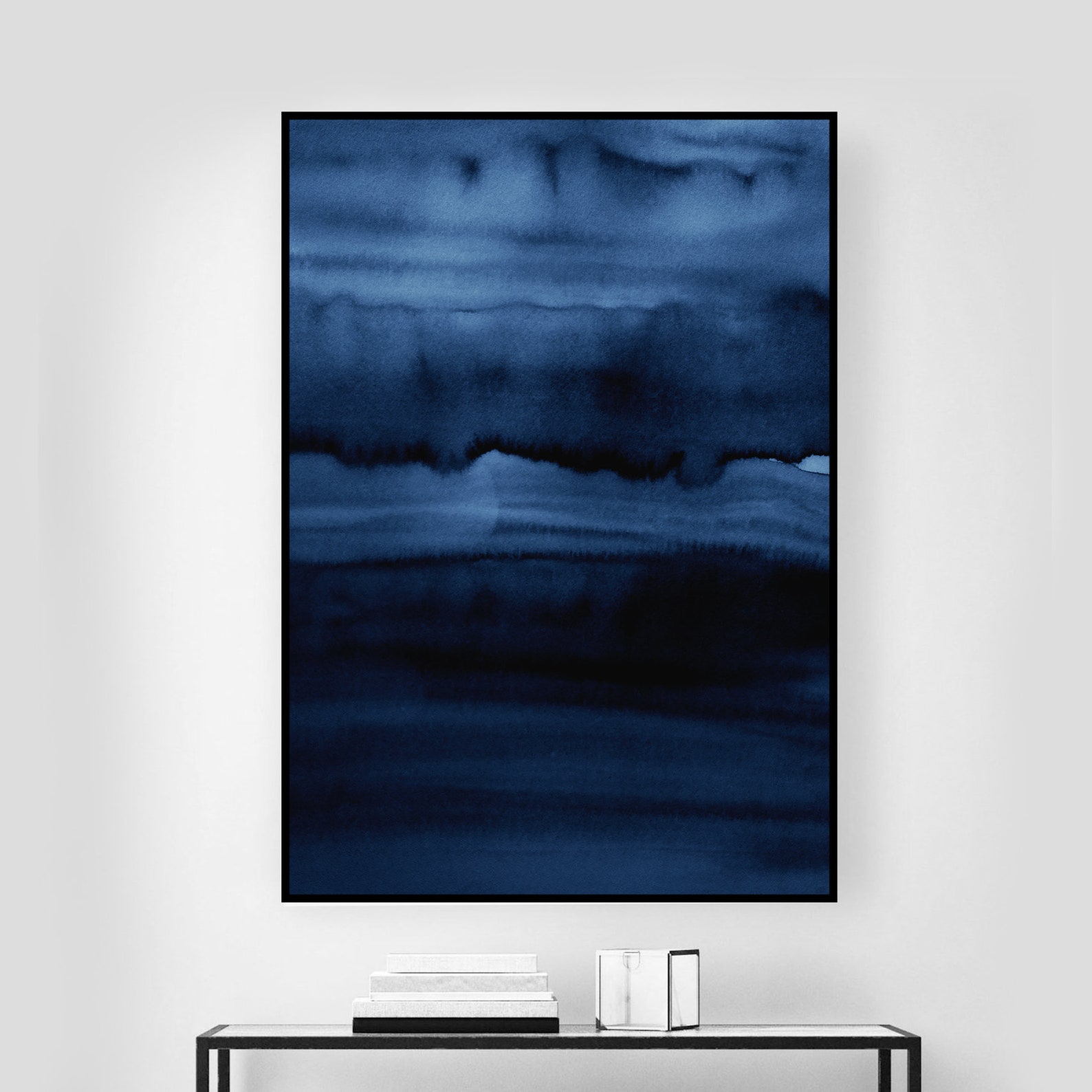 Dark Navy Blue Abstract Printable Wall Art Print, Brush Strokes