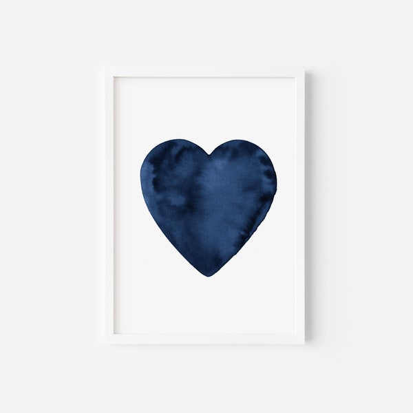 Navy Blue Heart Print, Love Printable Wall Art, Watercolor Hearts, Simple Heart Sign, Valentines Day Decor, Mothers Day Gift, Home Decor