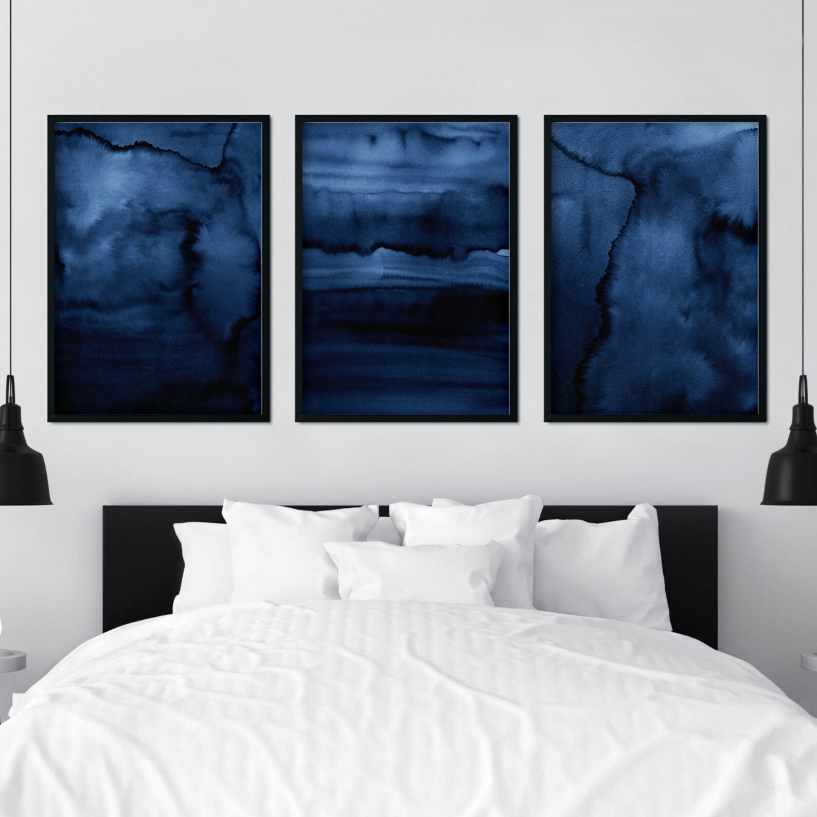 Blue Abstract Watercolor Painting Set of 3 Prints Indigo Etsy