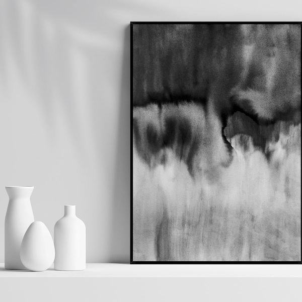 Black White Abstract Printable Wall Art ~ Dark Grey Watercolor Painting Brush Strokes ~ Simple Abstract Art Print ~ Boho Home Decor Modern