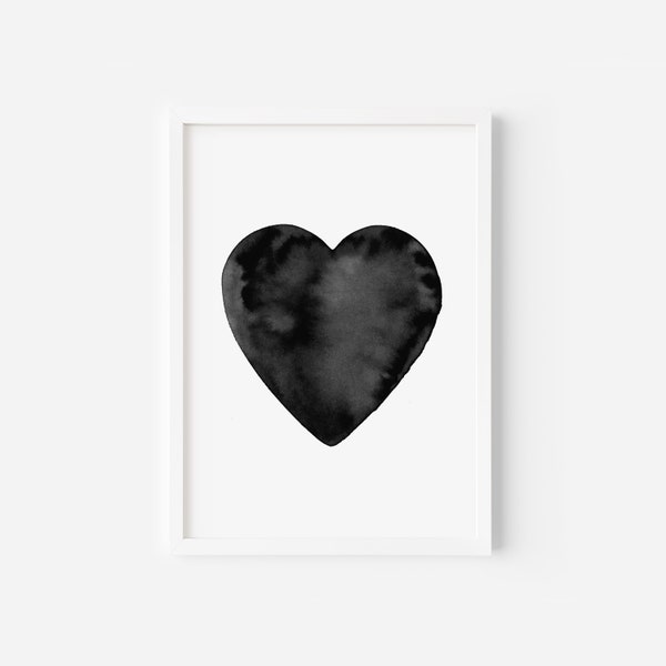 Black Heart Print, Love Print, Love Heart Printable Wall Art, Watercolor Heart Painting, Heart Poster,Digital Download, Valentines Day Decor