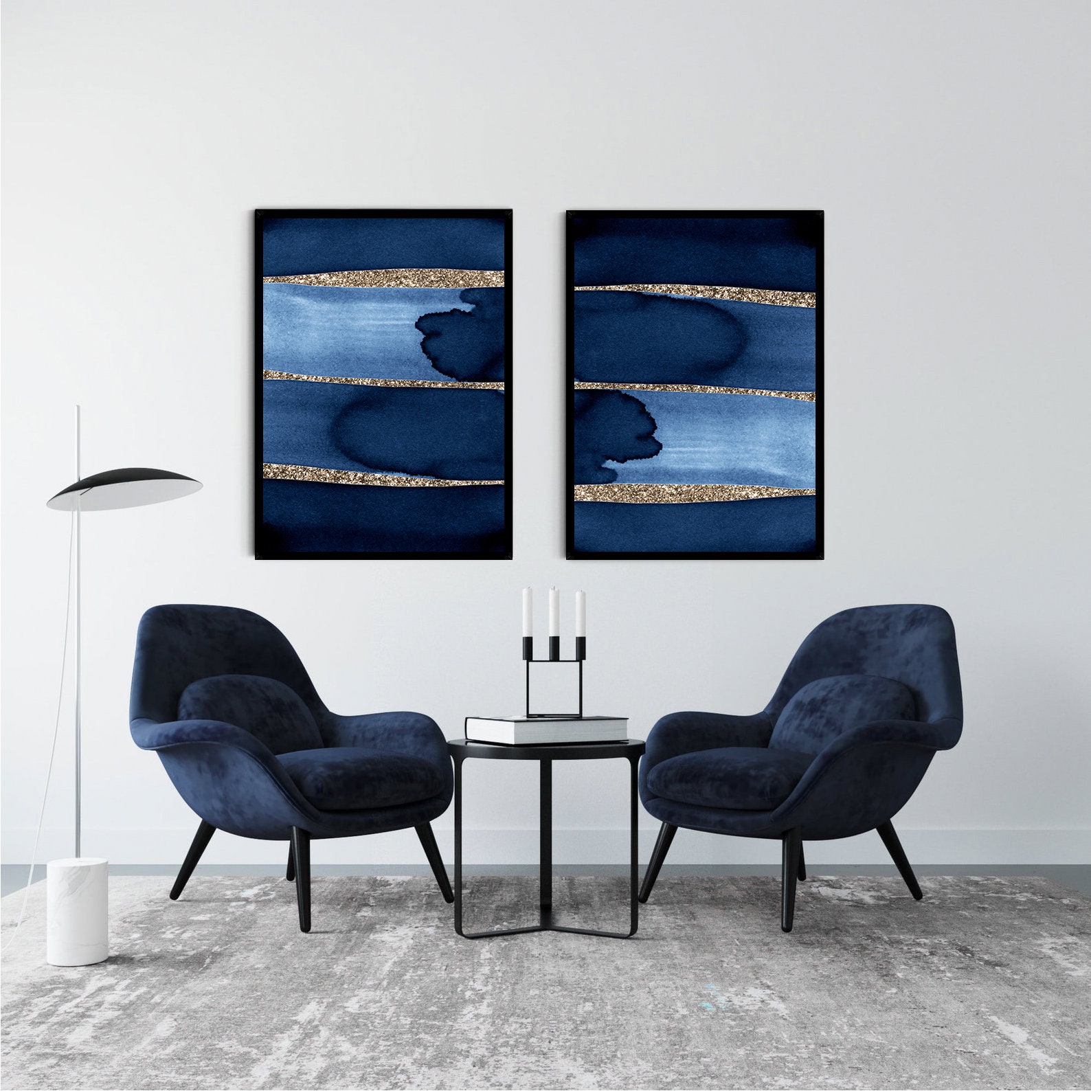 Navy Blue Gold Wall Art Printable Indigo Abstract Watercolor Etsy