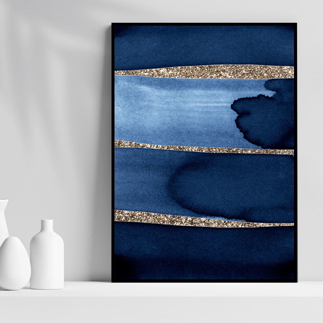 Navy Blue Gold Wall Art Printable Indigo Abstract Watercolor Etsy