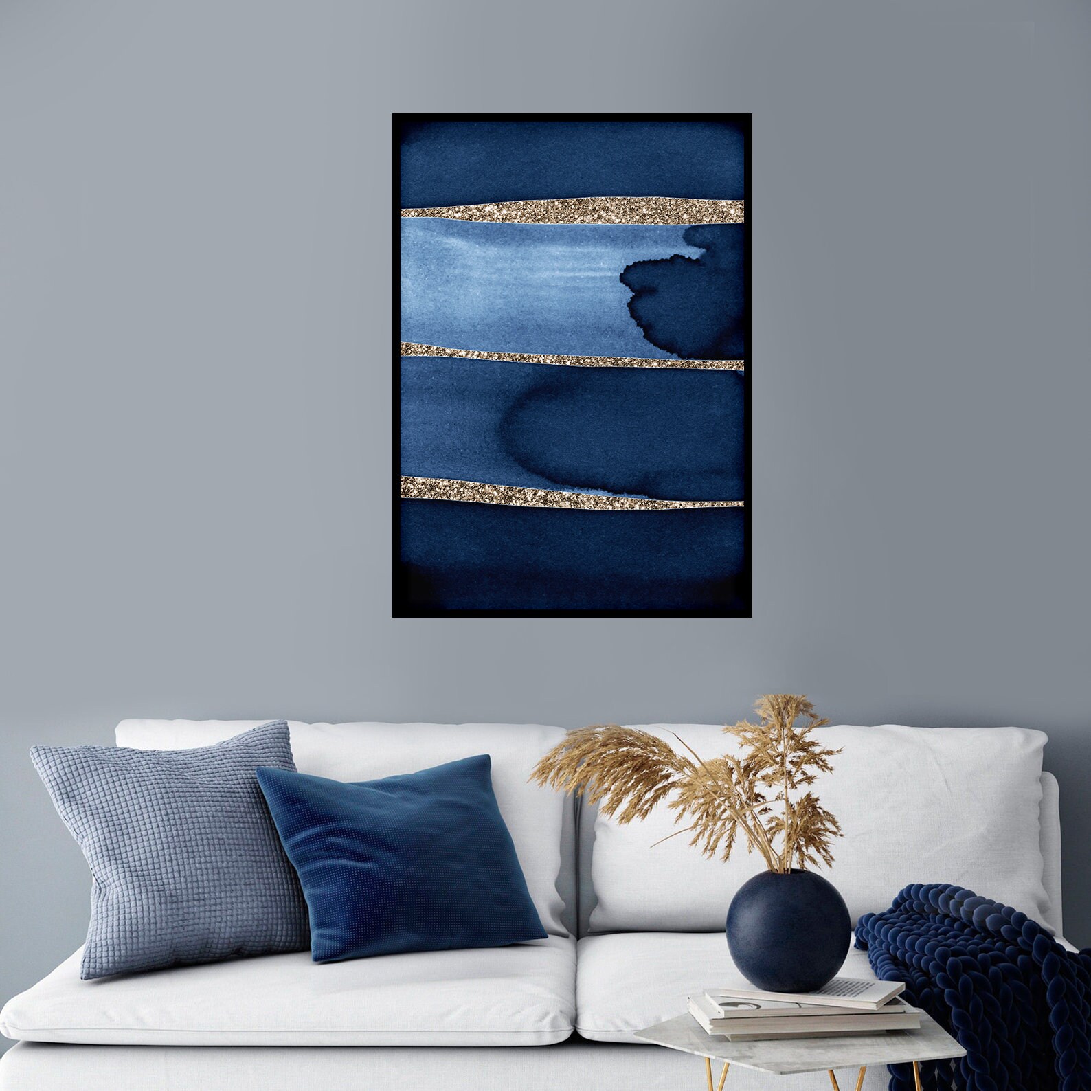 Navy Blue Gold Wall Art Printable Indigo Abstract Watercolor Etsy