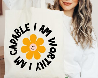 Positive Affirmation Retro Smiley Daisy PNG | I am Capable I am Worthy T-Shirt PNG | Positivity Retro Smiley | Trendy Tote Bag | Daisy Mug