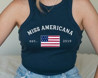 Miss American Racerback | Koszulka z okazji 4 lipca | Tank z okazji 4 lipca | Koszulka Independence | Koszulka z okazji 4 lipca | Koszulka patriotyczna Y2K