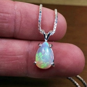 Multi Fire Opal Pendant, October Birthstone Jewelry, Pear Shape Opal Pendant, Pear Solitaire, Rainbow Opal Necklace, White Opal Pendant