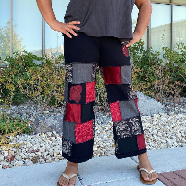 Ruby Raven, Upcycled Patchwork Pants, Red and Black, stretch denim and mixed yardage, extra bling, size 12