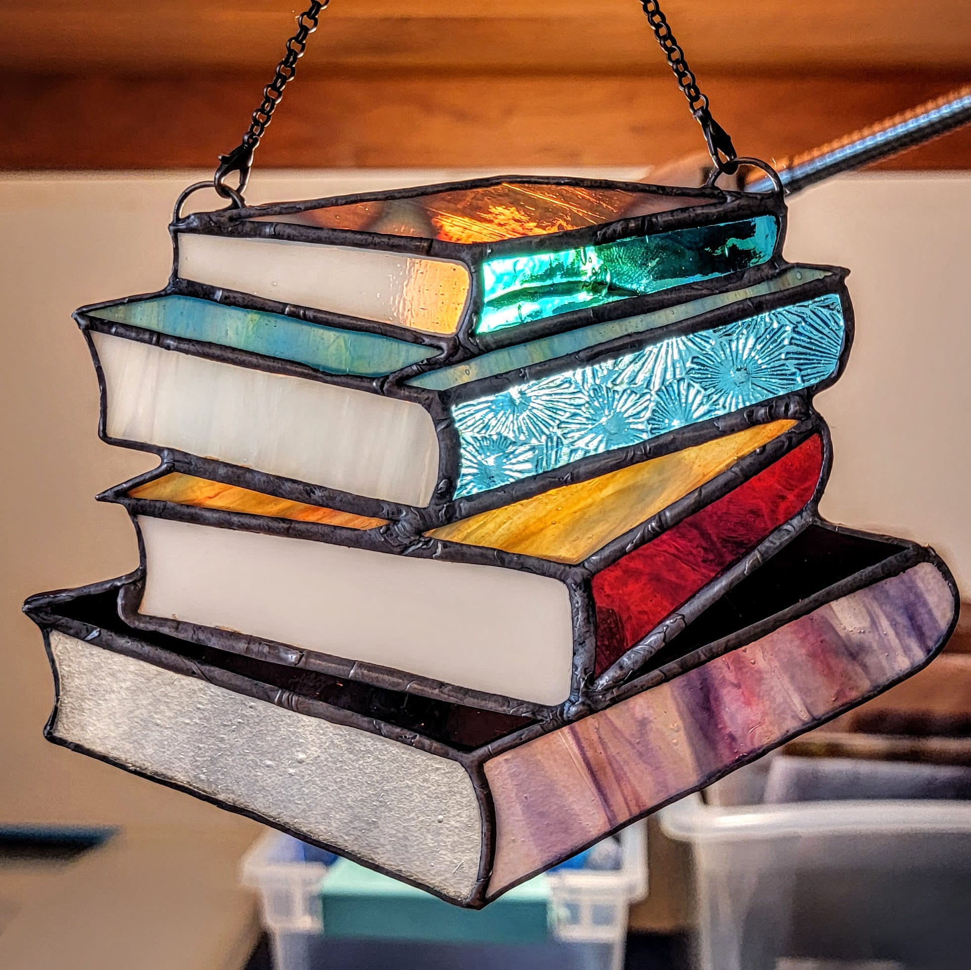 Library Book Stack Stained Glass Suncatcher Four Books Etsy