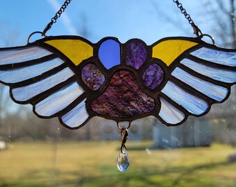 Paw Print Stained Glass Suncatcher - Pet Memorial - with ID tag hanger