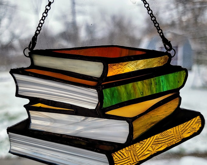 Library Book Stack Stained Glass Suncatcher Four Books Etsy