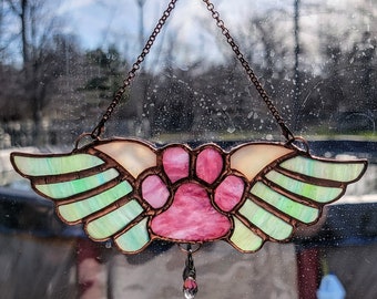 Paw Print Stained Glass Suncatcher - Pet Memorial - with ID tag hanger