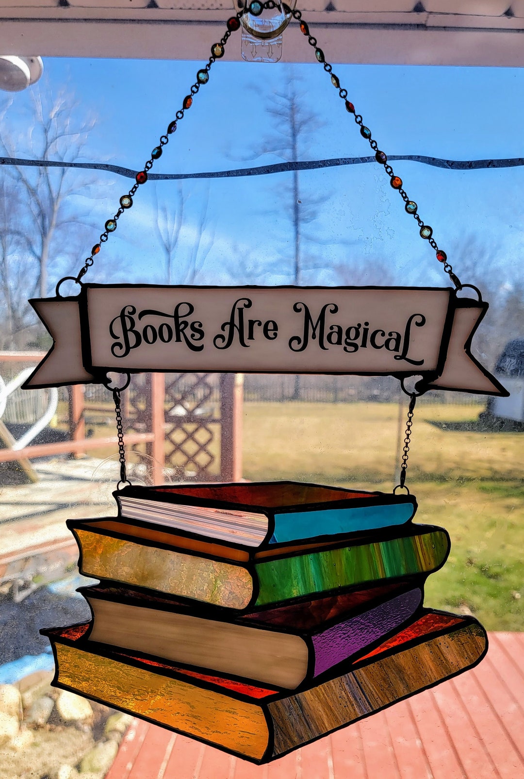 Xlg Library Book Stack With books Are Magical Banner Xlg Stained Glass