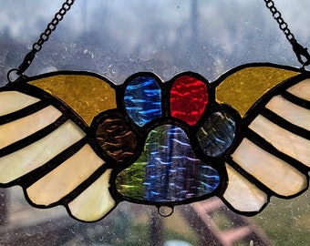 Paw Print Stained Glass Suncatcher - Pet Memorial - with ID tag hanger