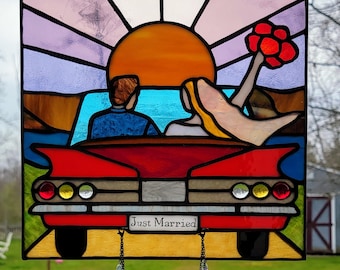 Recién casados / Boda / Aniversario / Pareja - Panel de vidrieras con colgantes de cristal