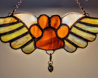 Paw Print Stained Glass Suncatcher - Pet Memorial - with ID tag hanger