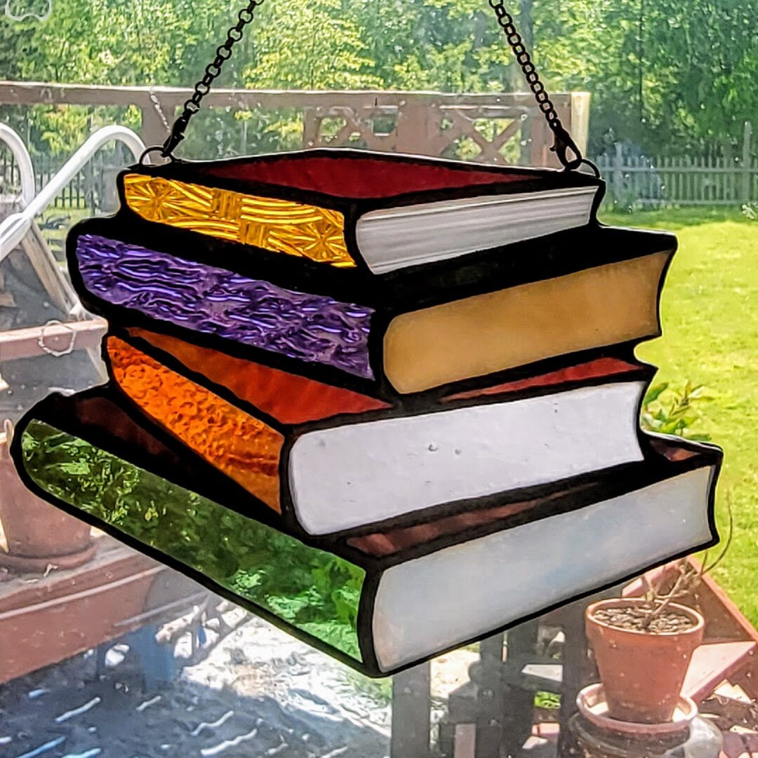 Library Book Stack Stained Glass Suncatcher Four Books Etsy