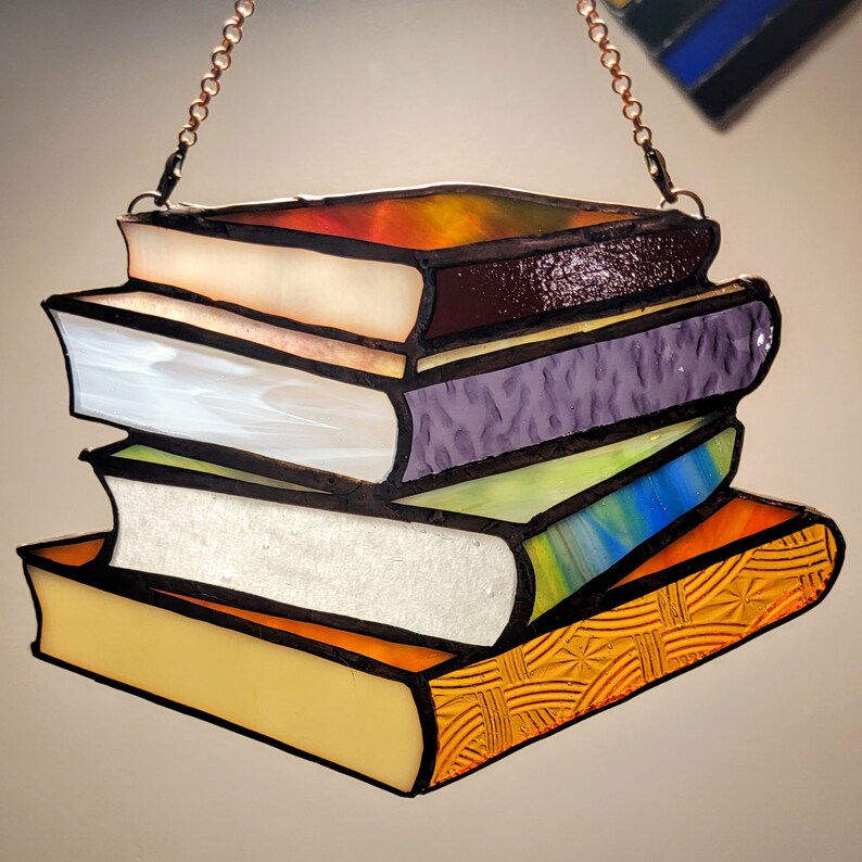 Library Book Stack Stained Glass Suncatcher Four Books Etsy