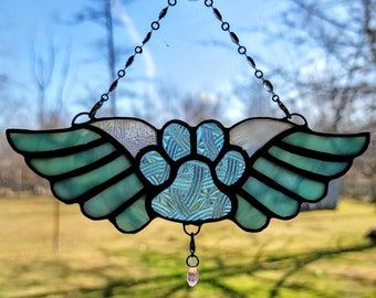 Paw Print Stained Glass Suncatcher - Pet Memorial - with ID tag hanger