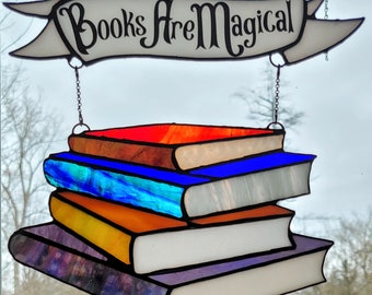 xlg Library Book Stack with "Books Are Magical" Banner - xlg Stained Glass Suncatcher