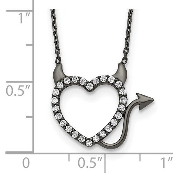 Sterling Silver Black Ruthenium Plated Devil Heart CZ 16 inch Necklace