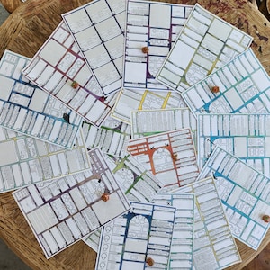 May include: A collection of blank character sheets for role-playing games, featuring different classes and professions. The sheets are printed on white paper with black ink and have a grid layout for recording character information.