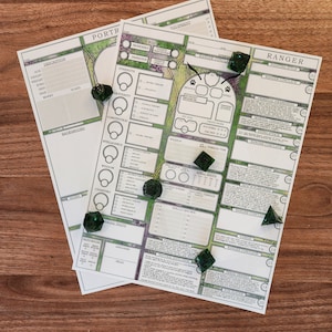 May include: A green and white character sheet for a Dungeons and Dragons game. The sheet is titled "Ranger" and includes sections for character stats, abilities, and skills. There are several green dice on the sheet.