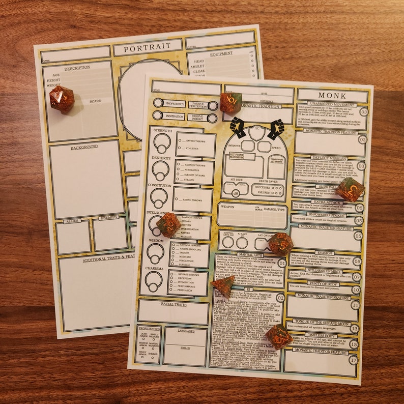 May include: A character sheet for a Monk class in a tabletop role-playing game. The sheet is filled out with dice rolls and stats. The sheet is yellow and green with a brown background.