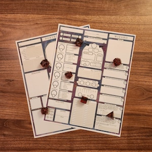 May include: A character sheet for a tabletop role-playing game, with a wizard class. The sheet is printed on a blue background with a galaxy pattern. There are several dice on the sheet, including a red d20.