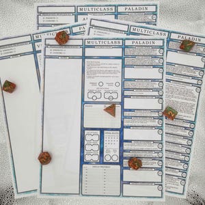 May include: A multiclass character sheet for a Dungeons and Dragons game. The sheet is filled out with a character's stats and abilities. The sheet is printed on a blue and white background with a blue border. The sheet is titled "Multiclass Paladin".