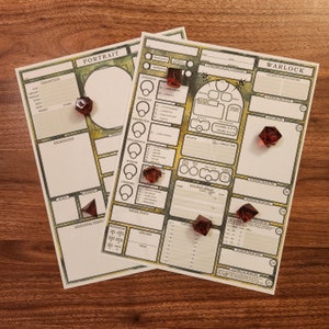 May include: A character sheet for a tabletop role-playing game, with a portrait section, ability scores, and a warlock class section. The sheet is filled out with dice and numbers.