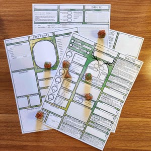 Könnte beinhalten: Mehrere Druiden-Charakterbögen für ein Tabletop-Rollenspiel, mit detaillierten Abschnitten für Charakterinformationen, Zaubersprüche und Ausrüstung. Mehrere vielseitige Würfel liegen auf den Bögen.