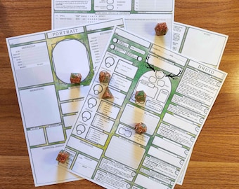 May include: A collection of Druid character sheets for a tabletop role-playing game, featuring detailed sections for character information, spells, and equipment. Several multi-sided dice are scattered across the sheets, ready for gameplay.