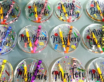 Personalized unique teacher coasters, teacher paper weight. Colorful Teacher Appreciation teacher gift!