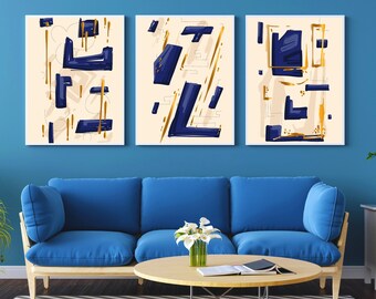 Navy Blue Gold Abstract Art Prints: Modern Geometric Set (Digital Download)