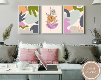 Boho Floral Modern Art Print Set, Abstract Botanical Set of 3 Print, Neutral Botanical Wall Decor, Minimalist Botanical Leaves Wall Art