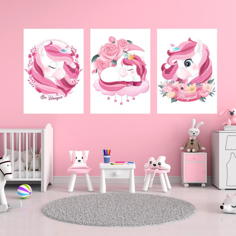 Cute Unicorn Wall Decor, Flowers and Stars Wall Art, Be Unique Magical