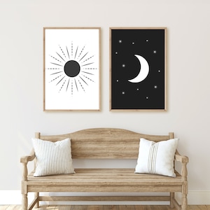 Sun And Moon Art Set of 2 Prints, Mid Century Sun And Moon Boho Print Set, Geometric Abstract Digital Printables, Black And White Wall Decor