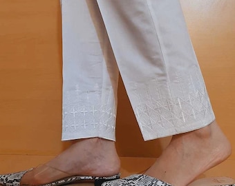 Women's White Cotton Embroidered Capri Trouser, Asian Ladies Ready to Wear Elasticated Pants, Formal Casual Wear