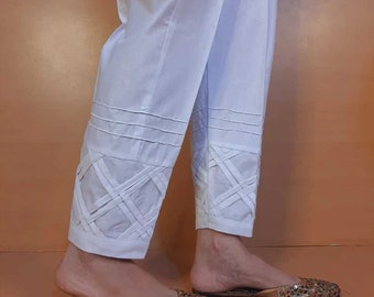 Stitched White Pleated Cotton Trouser, Pakistani Indian Womens Capri Pants, Formal Casual Wear