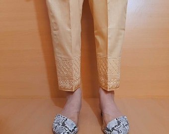 Asian Ladies Beige Cotton Trouser, Ready to Wear Embroidered Elasticated Bottom, Formal Casual Wear