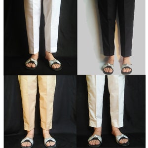 Ladies Cotton Premium Quality Straight Trousers, Capri Elasticated Casual Formal Wear Pants - 4 Colours