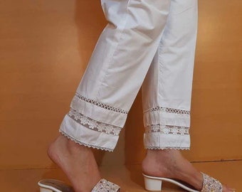 Asian Womens White Cotton Lace Trouser, Ready to Wear Elasticated Pants, Formal Casual Wear