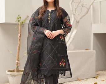 Ready Made Three Piece Organza Salwar Kameez, Asian Pakistani Ladies Embroidered Suit, Party Wear Lace Outfit