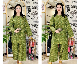 Printed Two Piece Linen Co ord Suit, Indian Punjabi Ladies Casual Formal Wear Trouser Suit